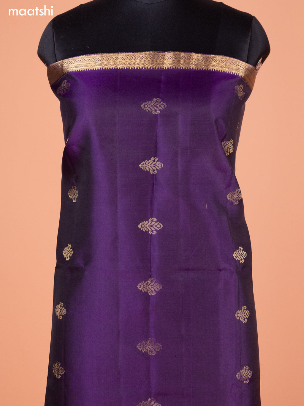 Dark Purple and Green Pure Silk Dress Material With Thread & Zari Buttas