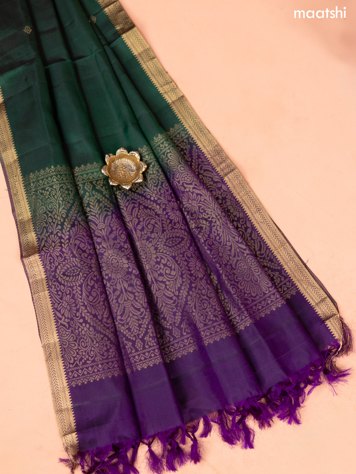 Dark Purple and Green Pure Silk Dress Material With Thread & Zari Buttas