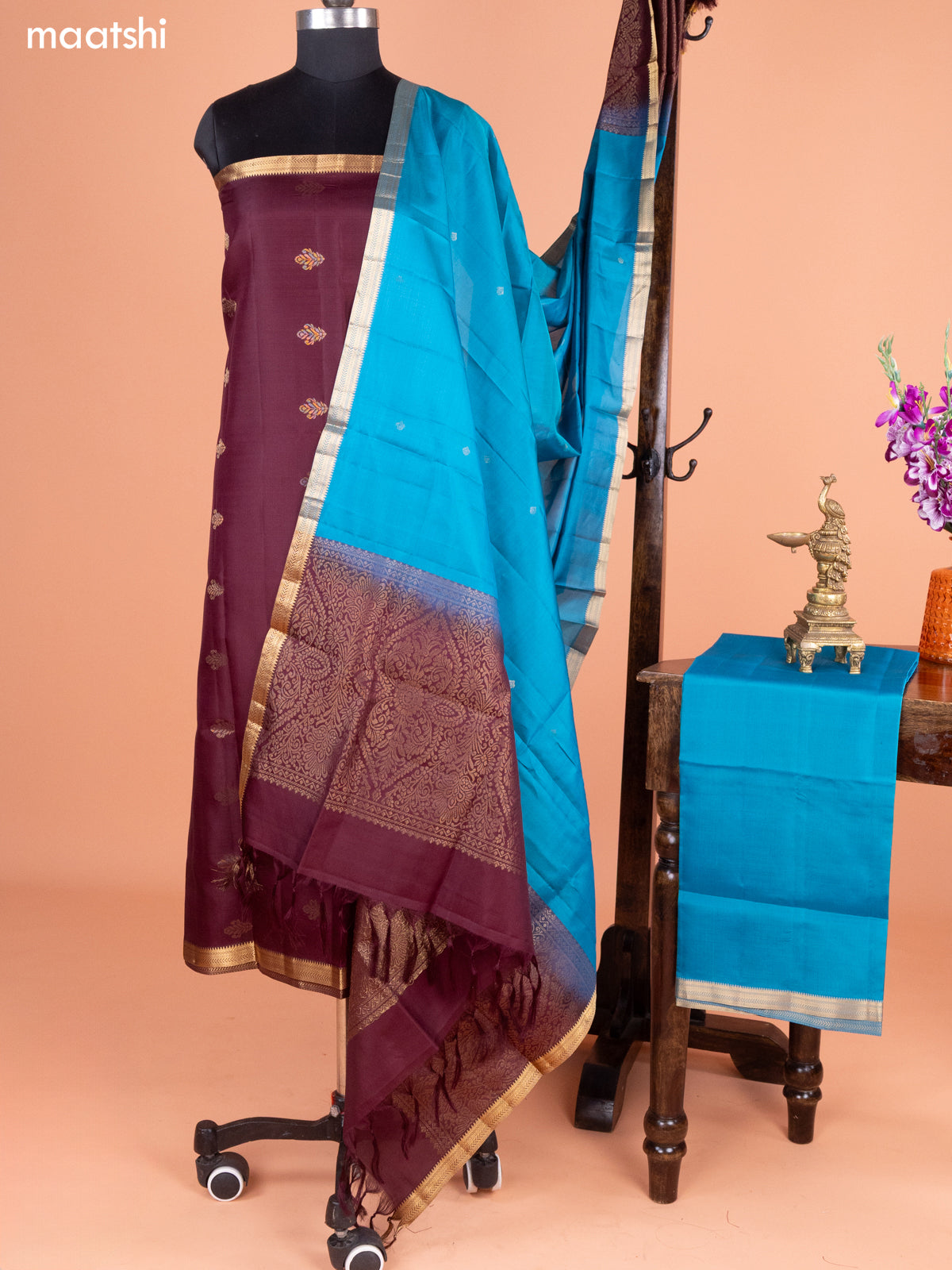 Deep Brown and Blue Pure Silk Dress Material With Thread & Zari Buttas