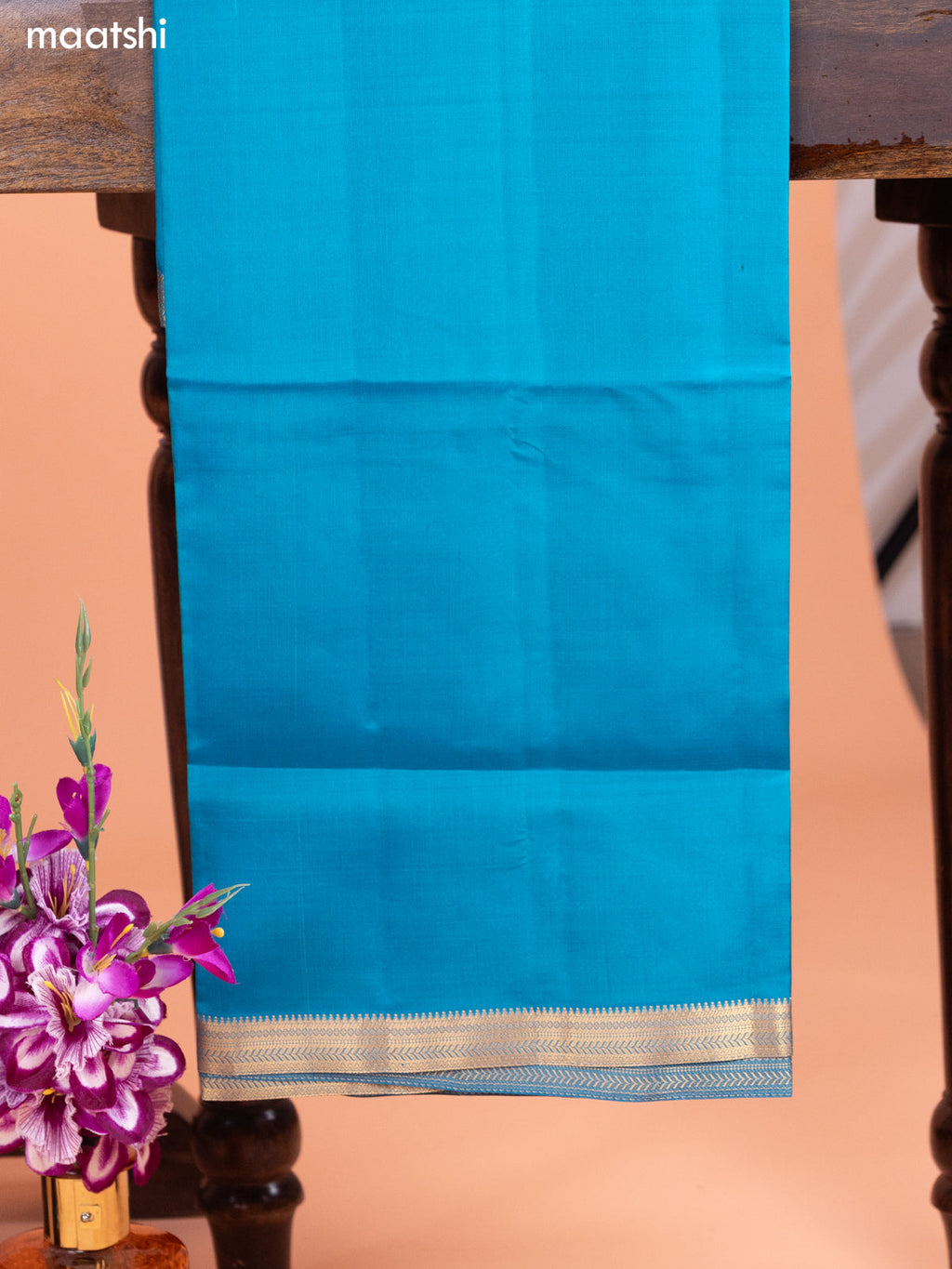 Deep Brown and Blue Pure Silk Dress Material With Thread & Zari Buttas