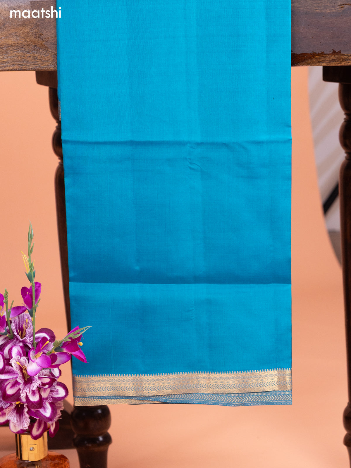 Deep Brown and Blue Pure Silk Dress Material With Thread & Zari Buttas