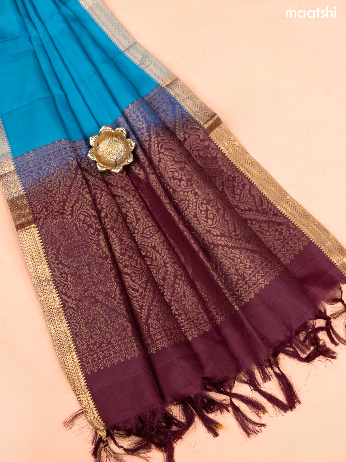 Deep Brown and Blue Pure Silk Dress Material With Thread & Zari Buttas