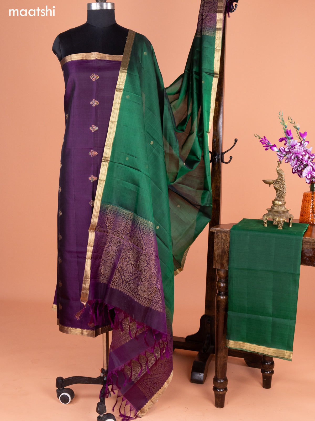 Dark Purple and Green Pure Silk Dress Material With Thread & Zari Buttas