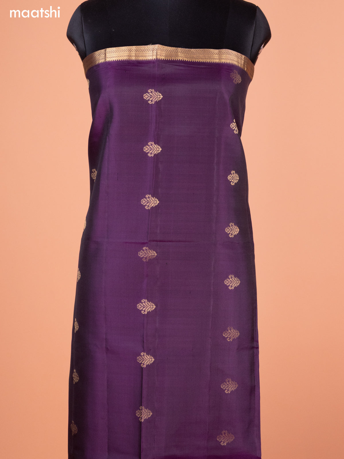Dark Purple and Green Pure Silk Dress Material With Thread & Zari Buttas
