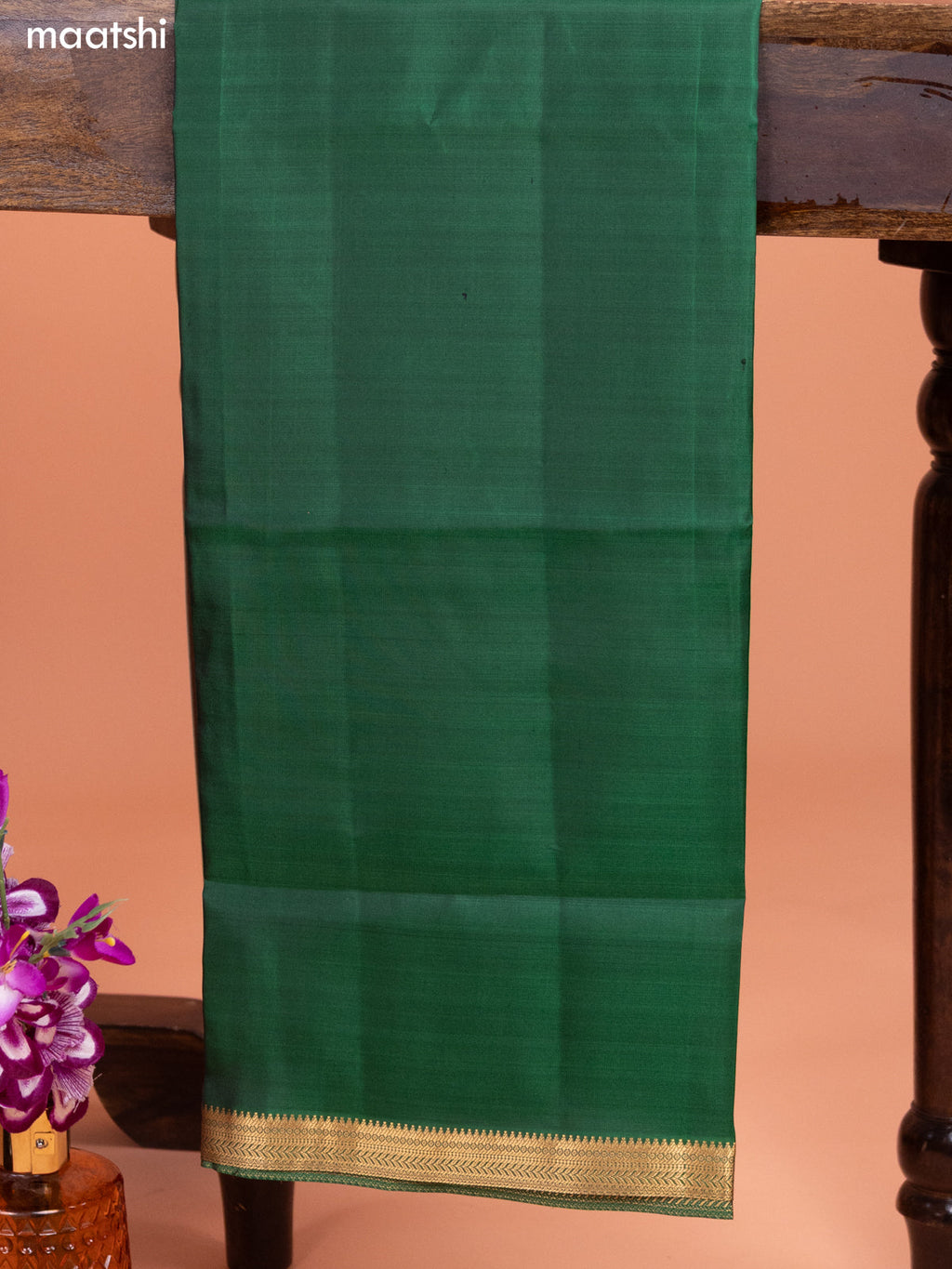 Dark Purple and Green Pure Silk Dress Material With Thread & Zari Buttas