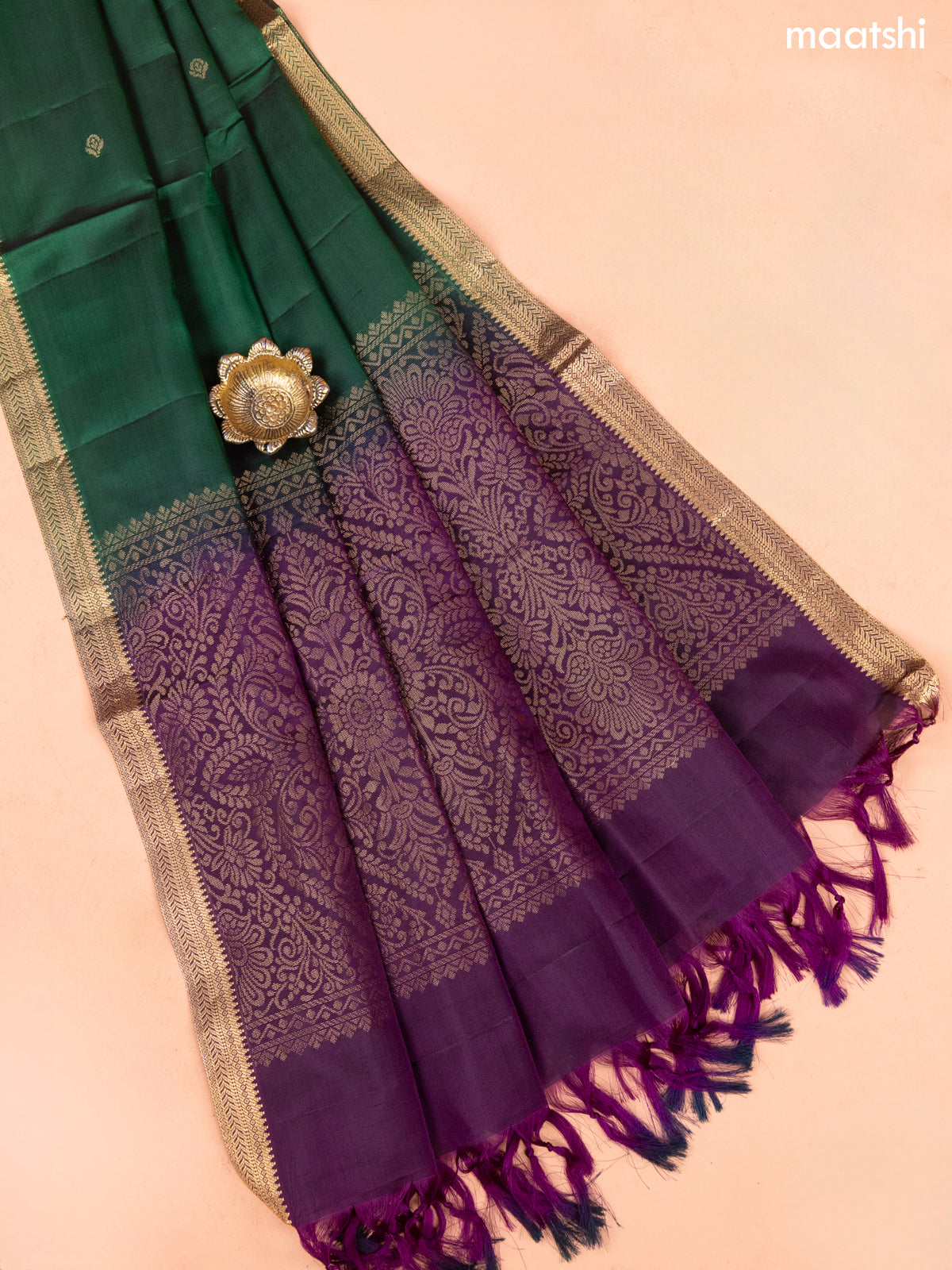 Dark Purple and Green Pure Silk Dress Material With Thread & Zari Buttas