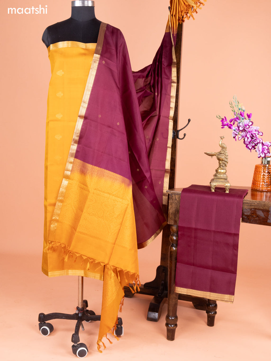 Mustard Yellow and Maroon Pure Silk Dress Material With Thread & Zari Buttas