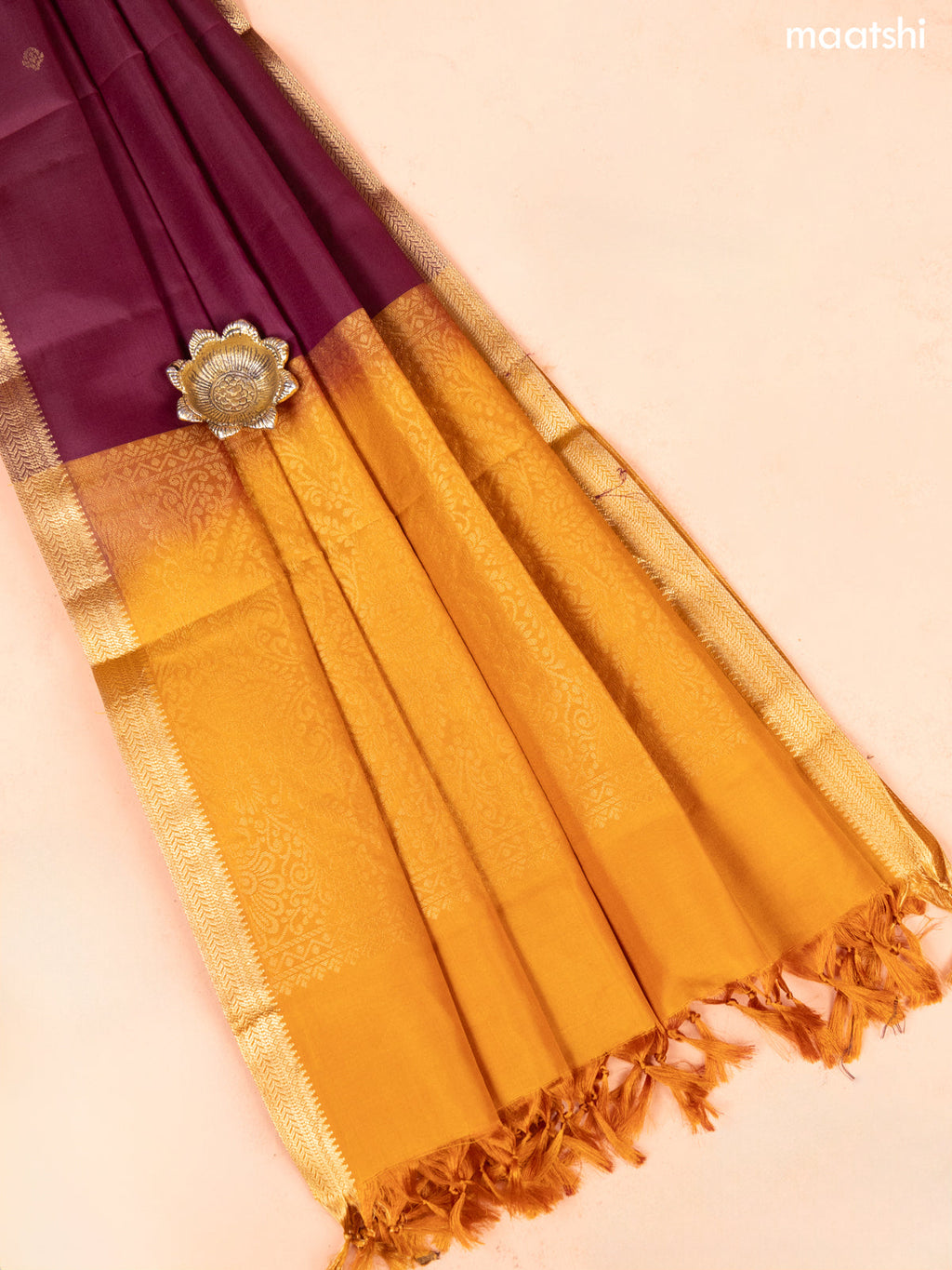 Mustard Yellow and Maroon Pure Silk Dress Material With Thread & Zari Buttas