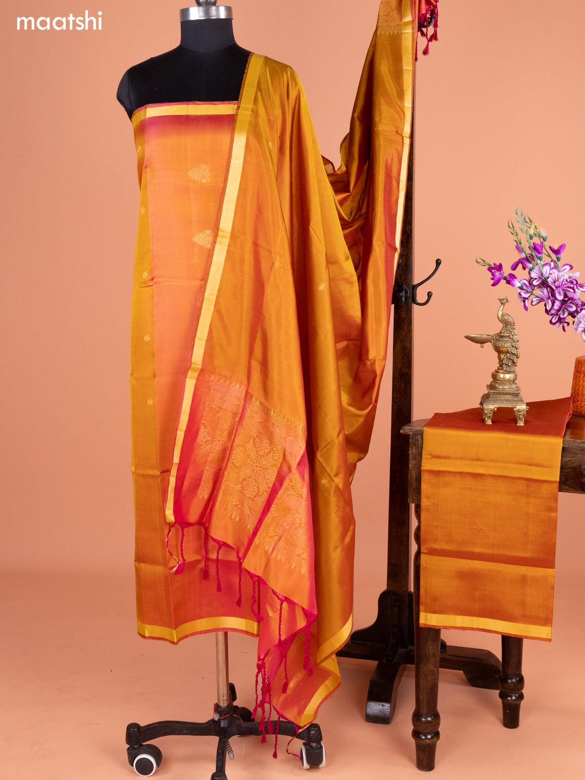 Dual Shade Of Yellowish Pink and Mustard Yellow Pure Silk Dress Material With Thread & Zari Buttas