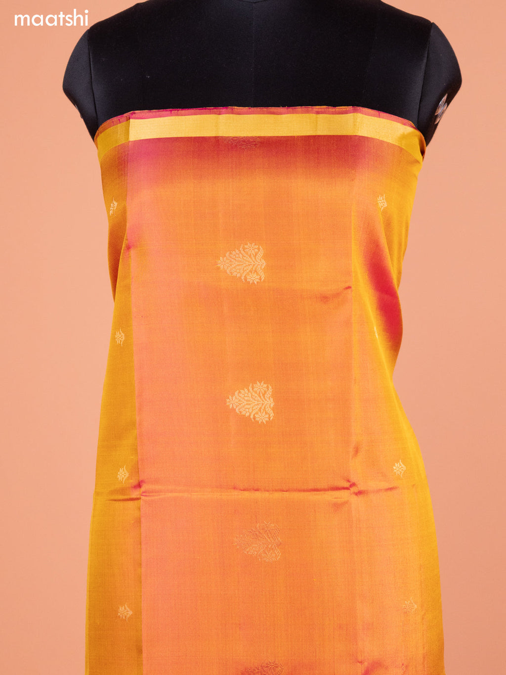 Dual Shade Of Yellowish Pink and Mustard Yellow Pure Silk Dress Material With Thread & Zari Buttas