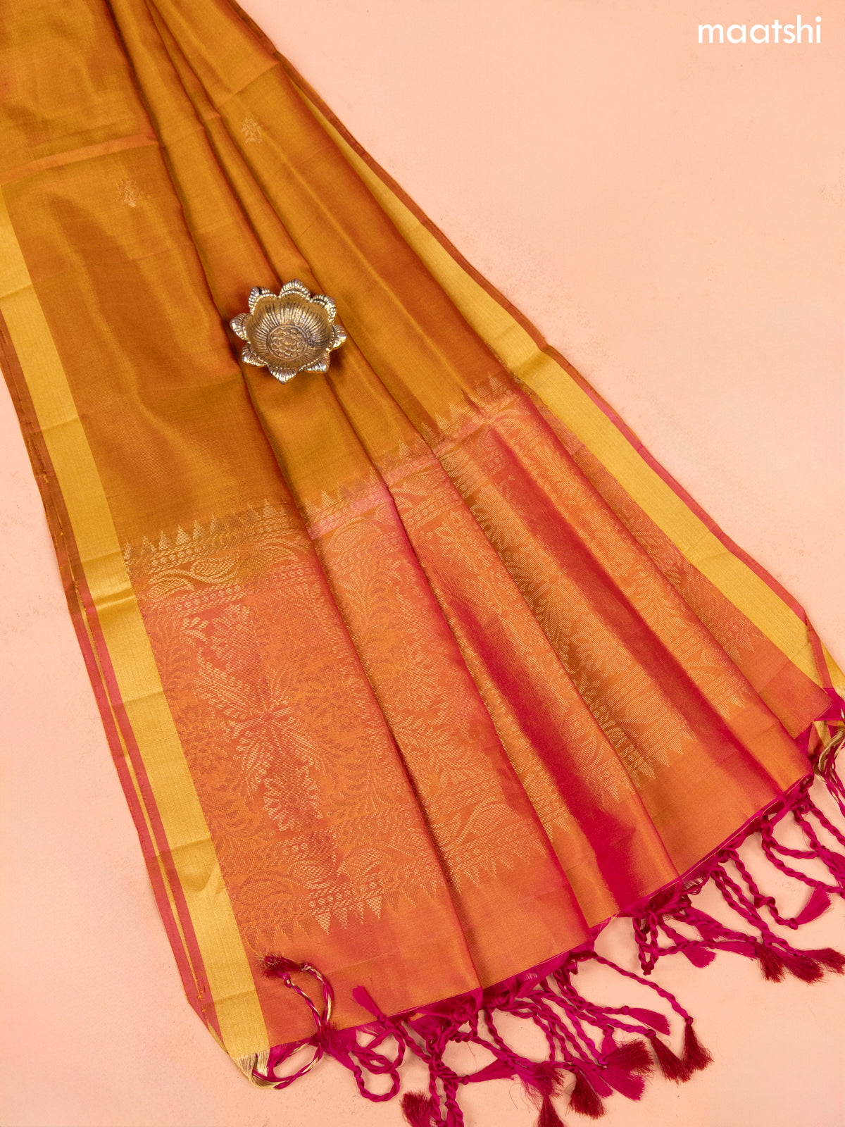 Dual Shade Of Yellowish Pink and Mustard Yellow Pure Silk Dress Material With Thread & Zari Buttas