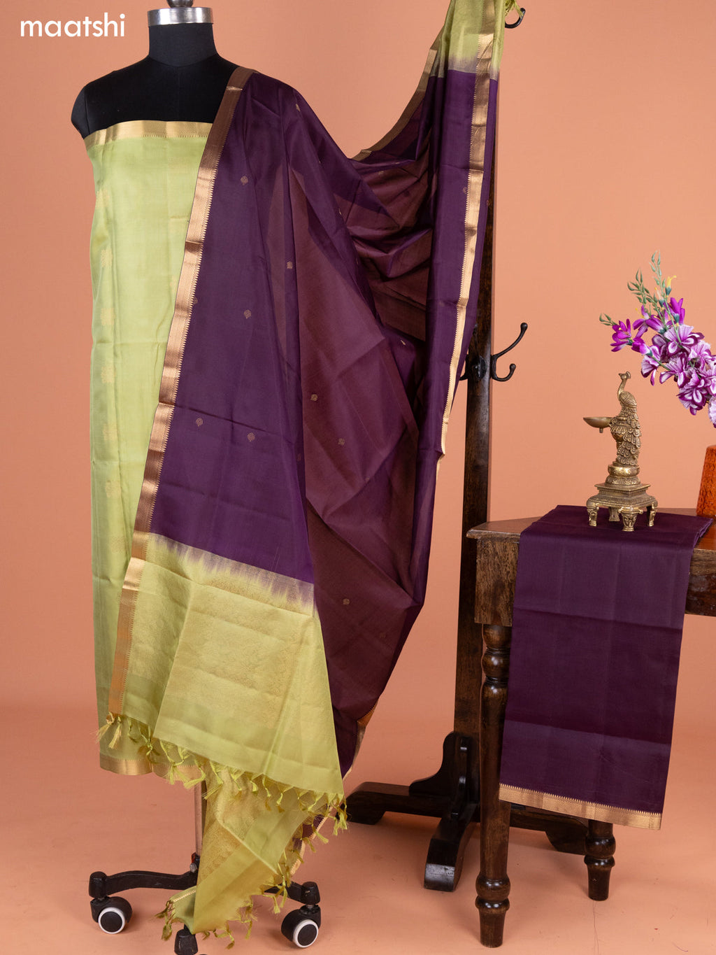 Pastel Green and Wine Pure Silk Dress Material With Thread & Zari Buttas