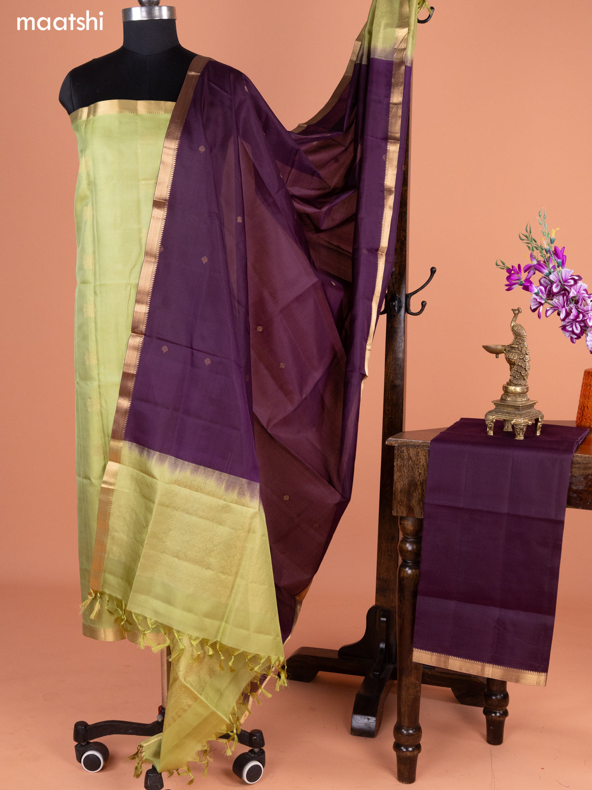 Pastel Green and Wine Pure Silk Dress Material With Thread & Zari Buttas