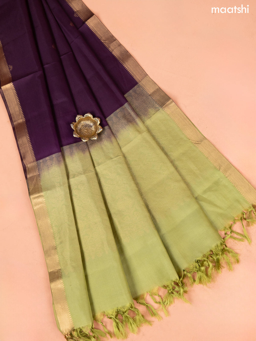 Pastel Green and Wine Pure Silk Dress Material With Thread & Zari Buttas