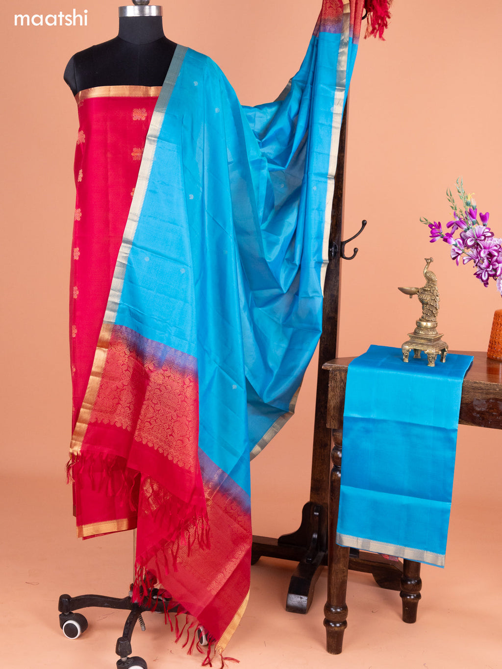 Rani Pink and Teal Blue Pure Silk Dress Material With Thread & Zari Buttas