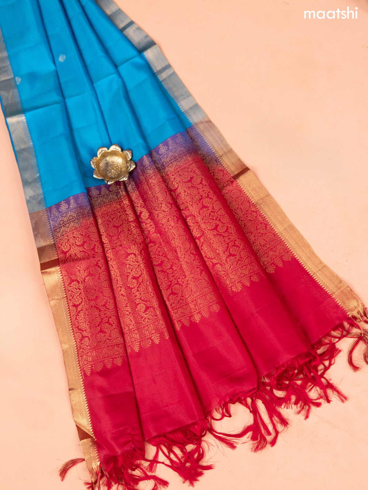 Rani Pink and Teal Blue Pure Silk Dress Material With Thread & Zari Buttas