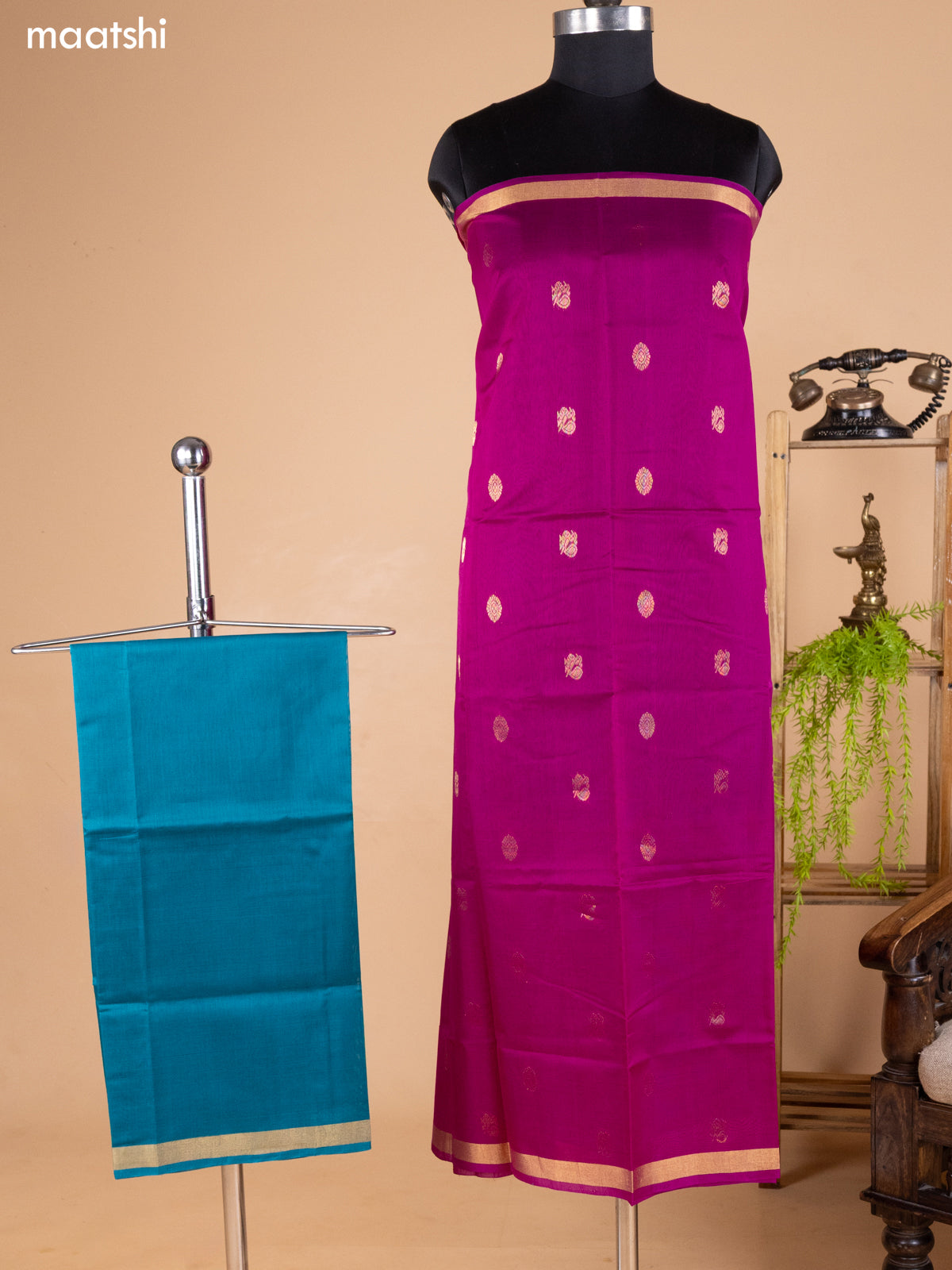 Purple and Peacock Green Kora Silk Cotton Dress Material With Zari Buttas and Bottom & Zari Dupatta
