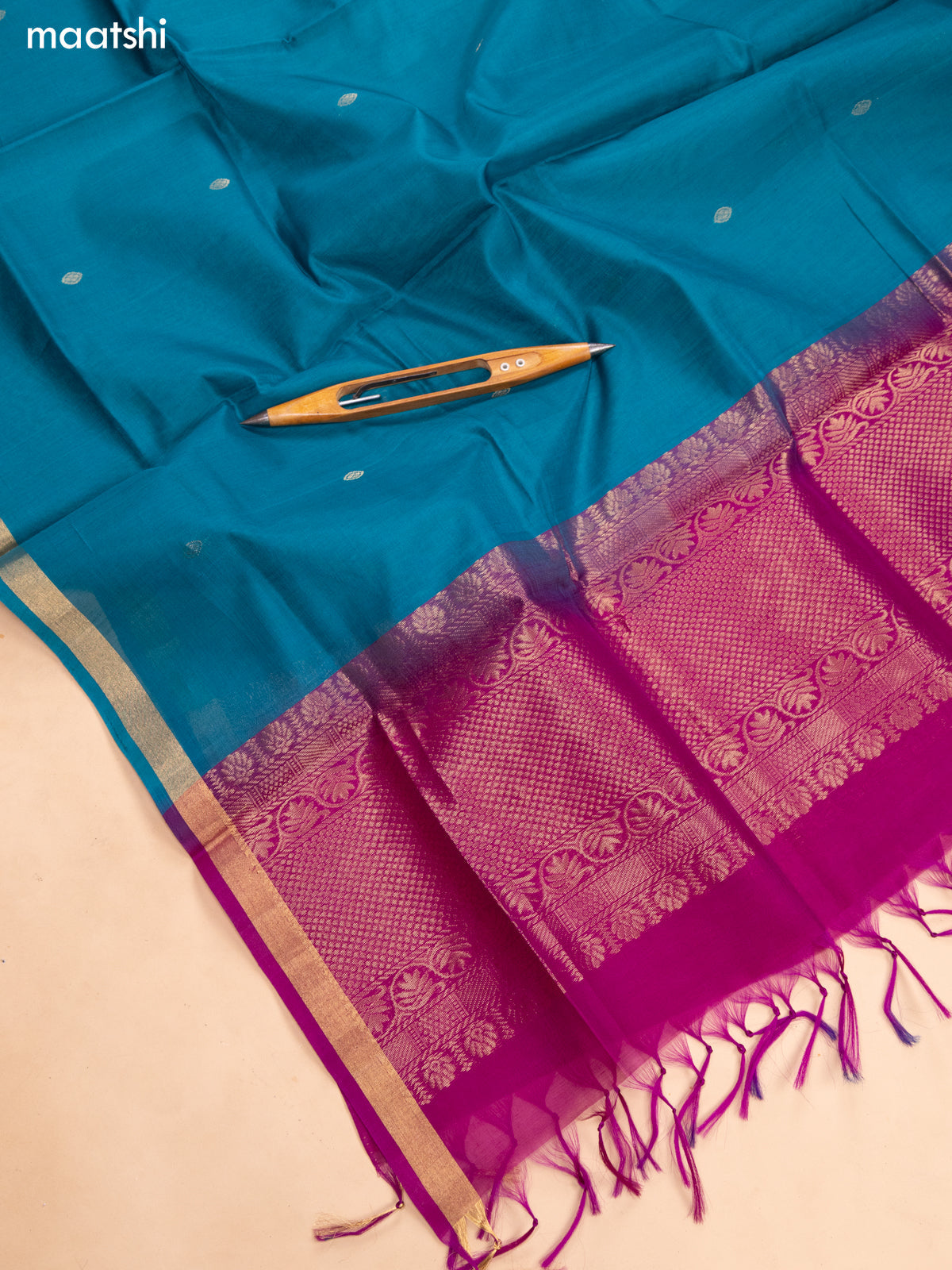Purple and Peacock Green Kora Silk Cotton Dress Material With Zari Buttas and Bottom & Zari Dupatta