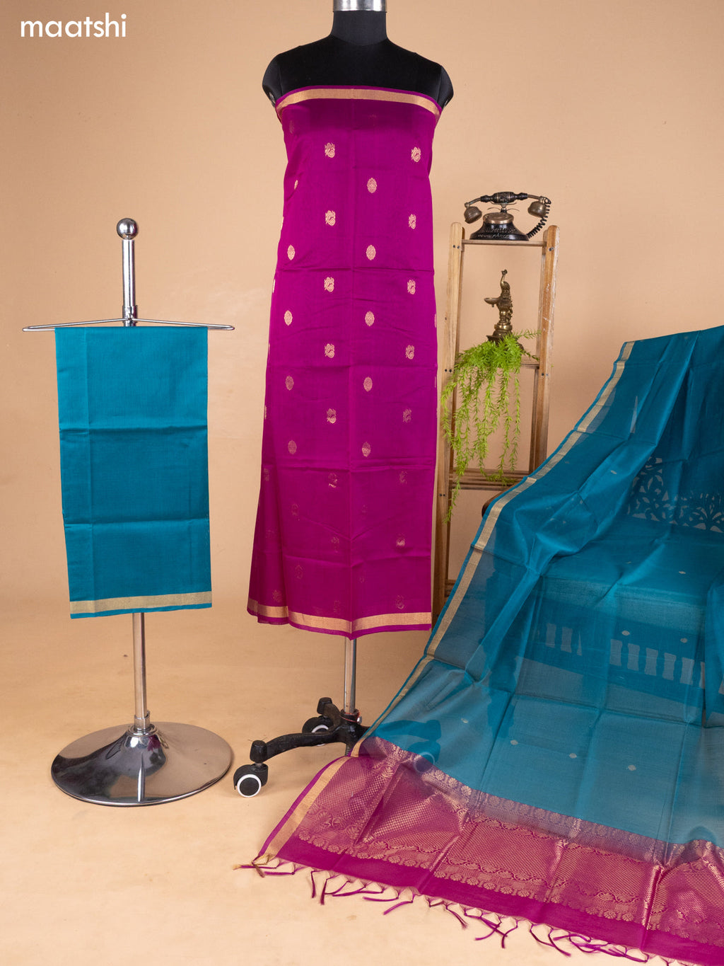 Purple and Peacock Green Kora Silk Cotton Dress Material With Zari Buttas and Bottom & Zari Dupatta
