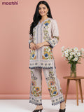 Short co-ord set mild peach shade with allover prints & simple neck pattern and straight cut pant