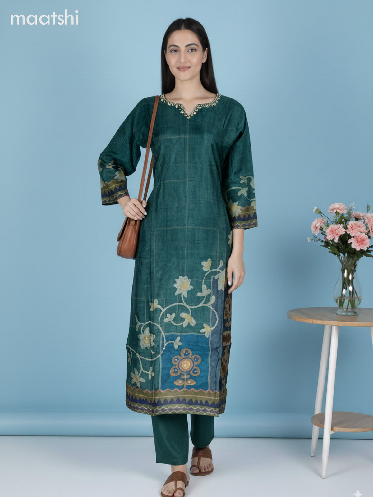 Green Dola Silk Floral Printed Straight Suit
