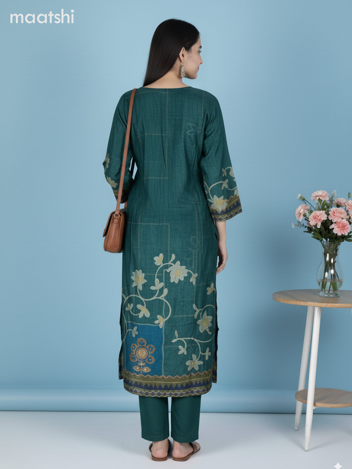 Green Dola Silk Floral Printed Straight Suit