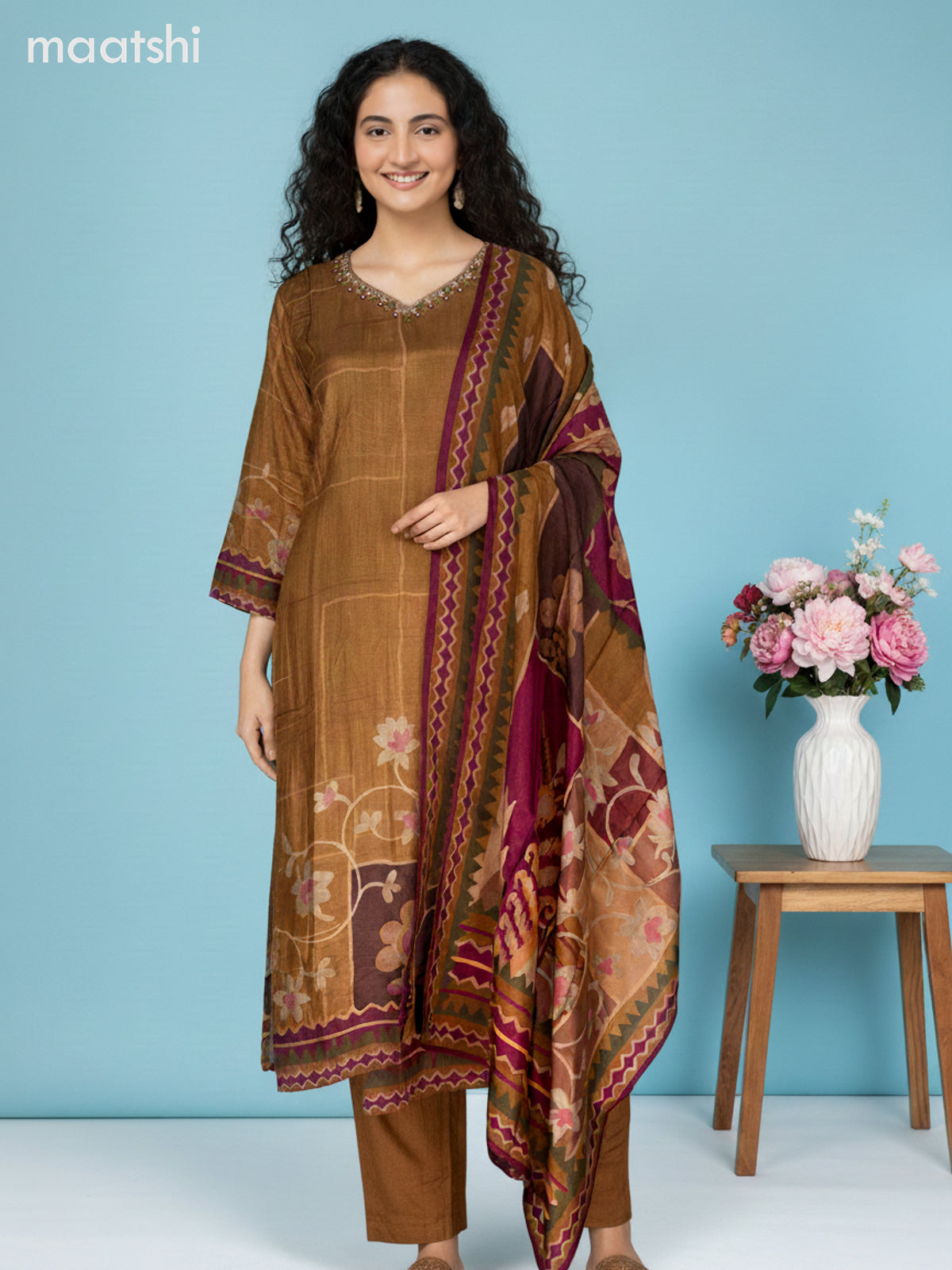 Dark Mustard Dola Silk Floral Printed Straight Suit