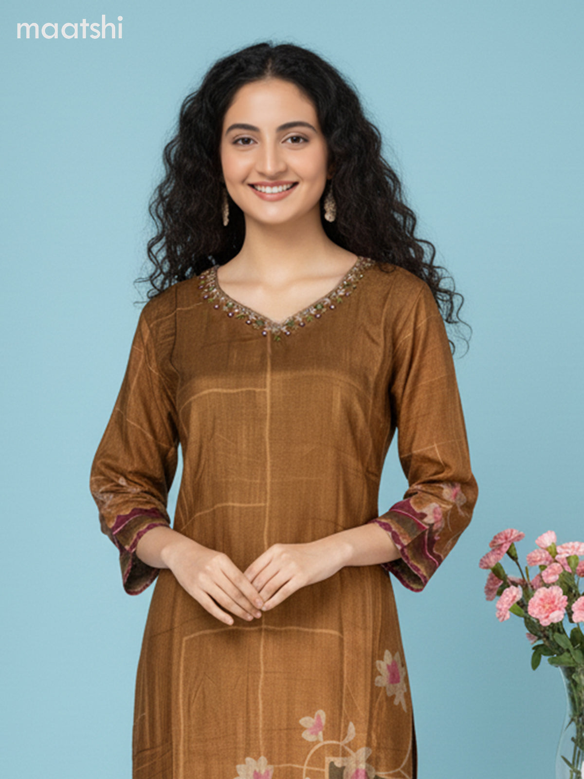 Dark Mustard Dola Silk Floral Printed Straight Suit