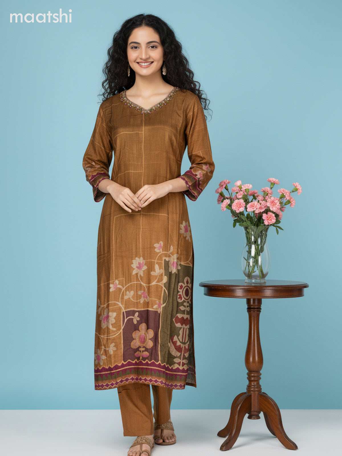 Dark Mustard Dola Silk Floral Printed Straight Suit