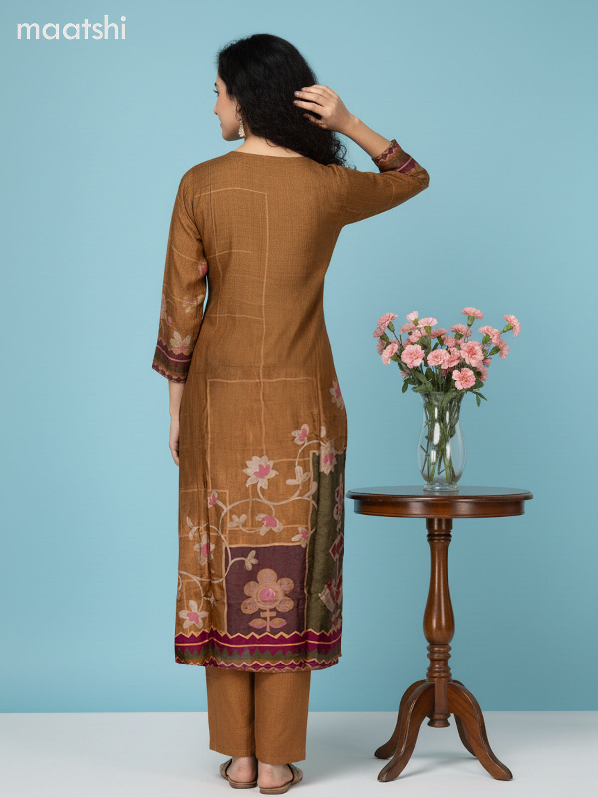 Dark Mustard Dola Silk Floral Printed Straight Suit