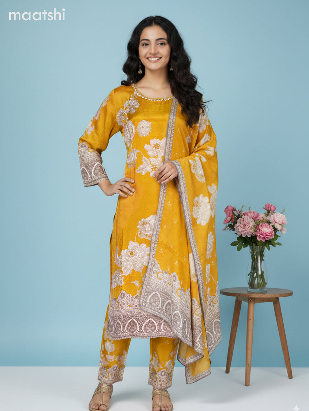 Mustard Yellow and Beige Grey Crepe Silk Floral Printed Straight Suit