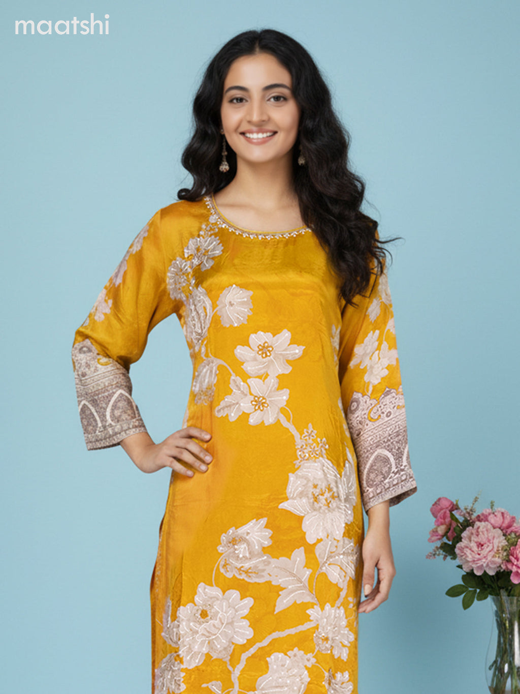 Mustard Yellow and Beige Grey Crepe Silk Floral Printed Straight Suit