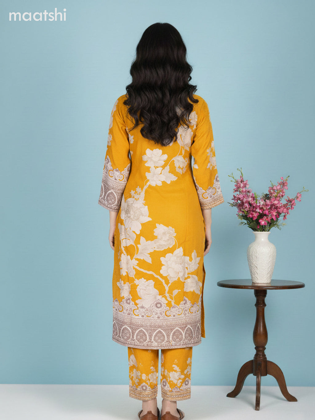 Mustard Yellow and Beige Grey Crepe Silk Floral Printed Straight Suit