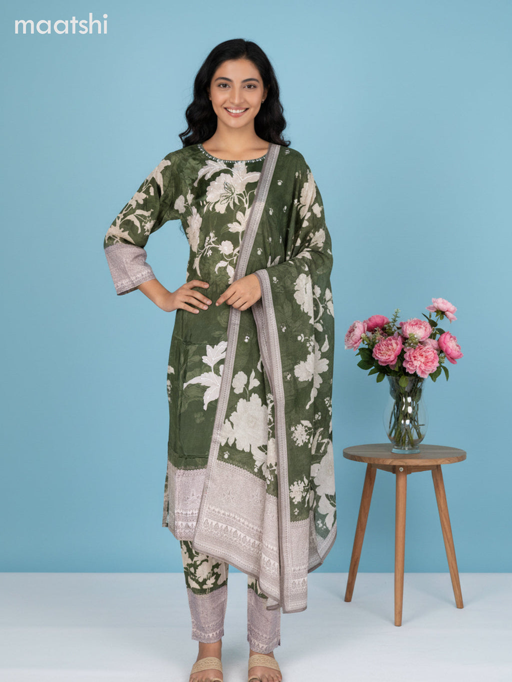 Sap Green and Beige Grey Crepe Silk Floral Printed Straight Suit
