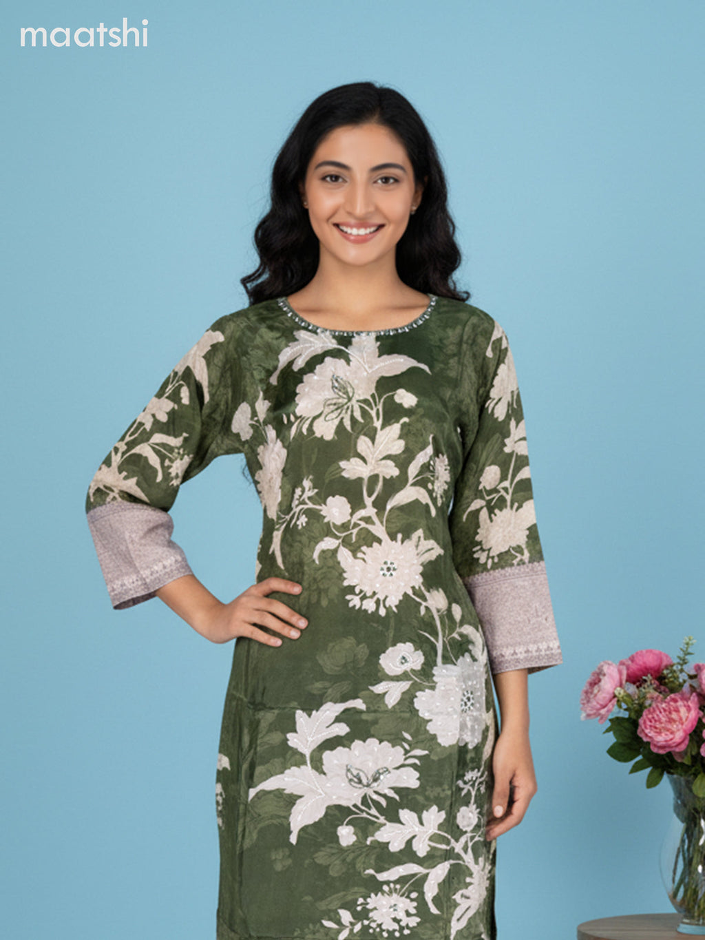 Sap Green and Beige Grey Crepe Silk Floral Printed Straight Suit