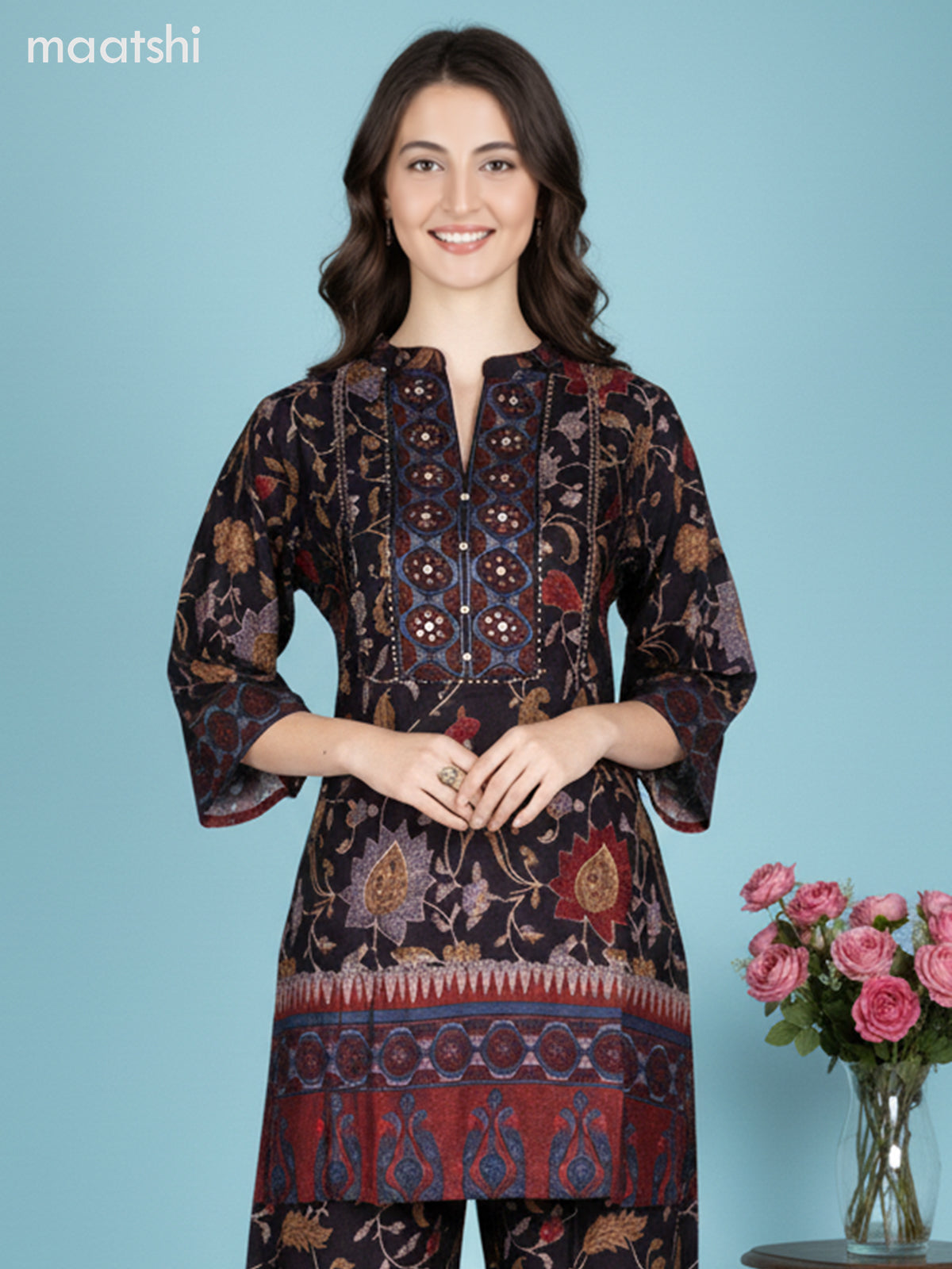 Deep Coffee Brown Muslin Printed Co-Ord Set