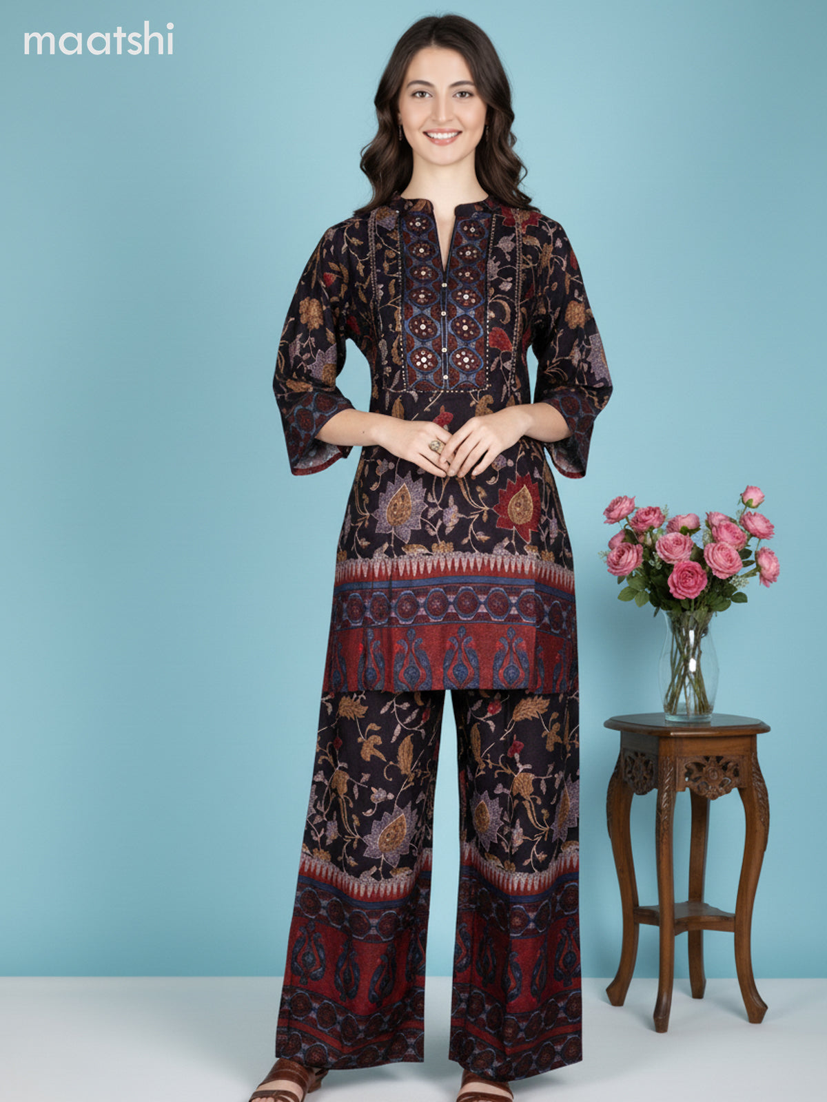 Deep Coffee Brown Muslin Printed Co-Ord Set