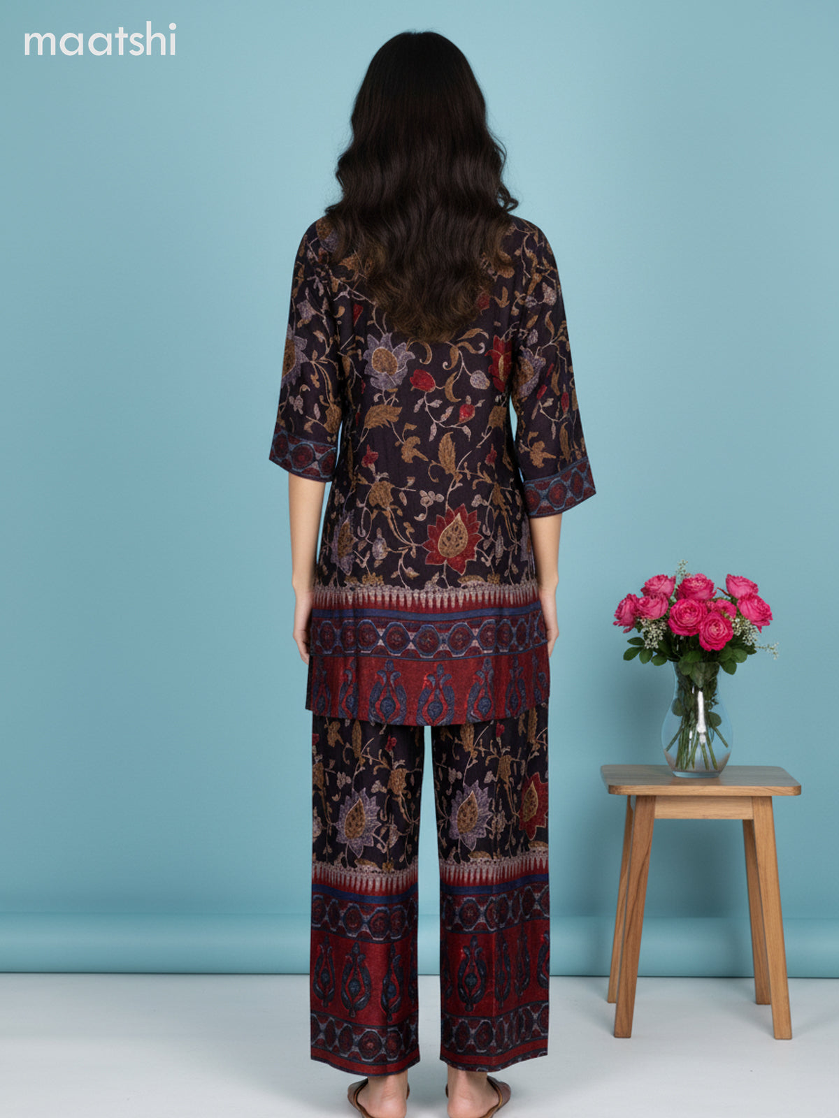 Deep Coffee Brown Muslin Printed Co-Ord Set