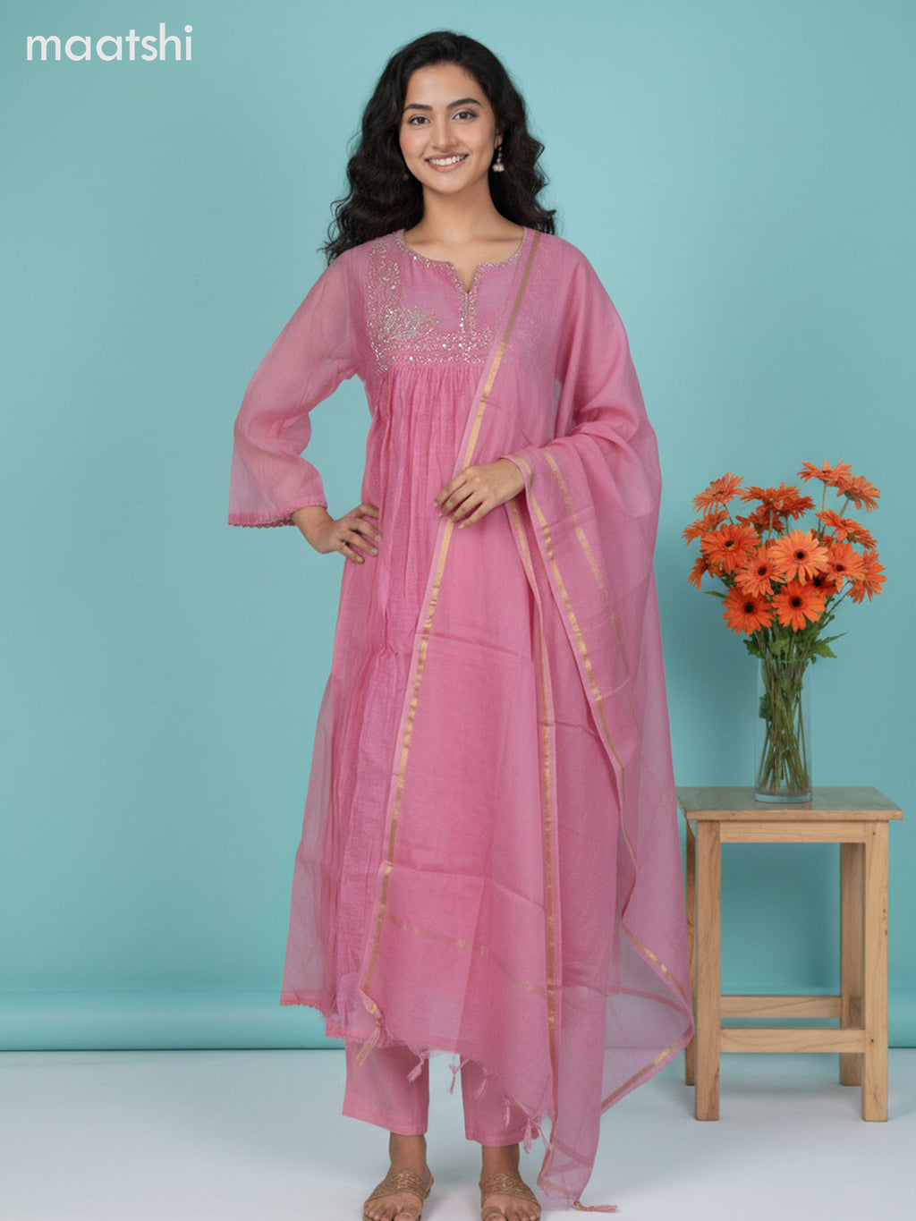 Peach Pink Mul Chanderi Beaded Work A-Line Suit
