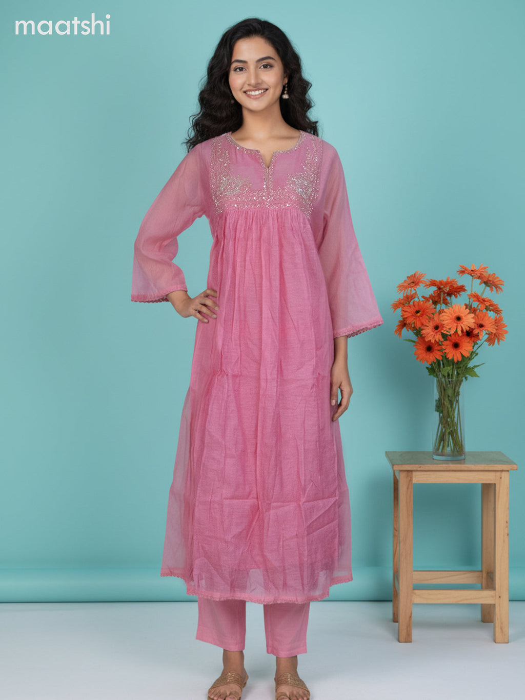 Peach Pink Mul Chanderi Beaded Work A-Line Suit