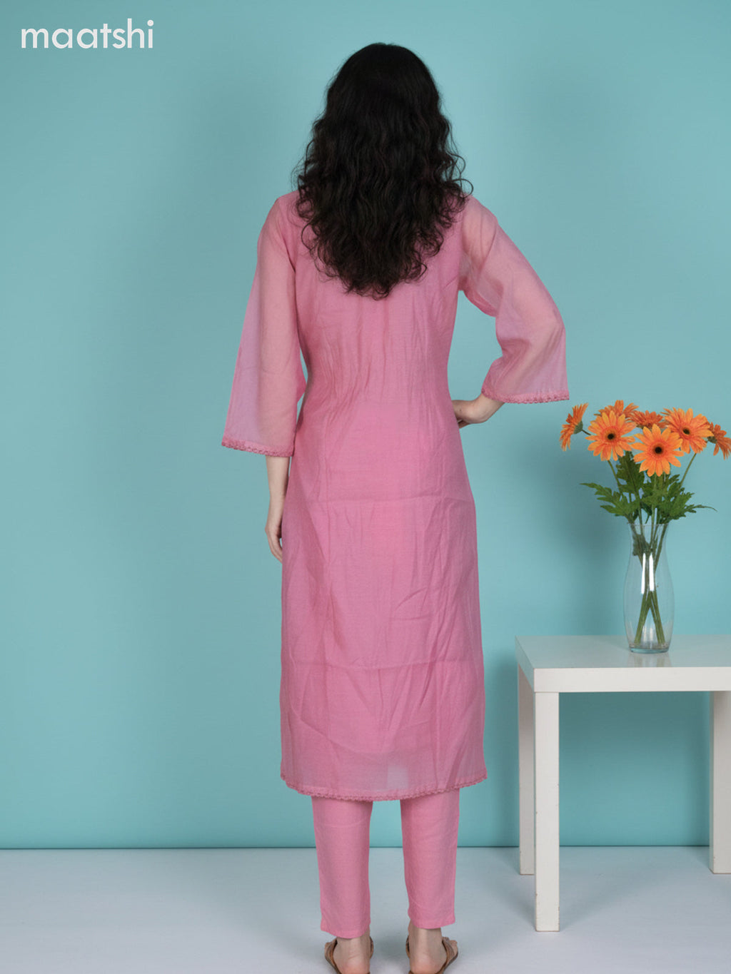 Peach Pink Mul Chanderi Beaded Work A-Line Suit