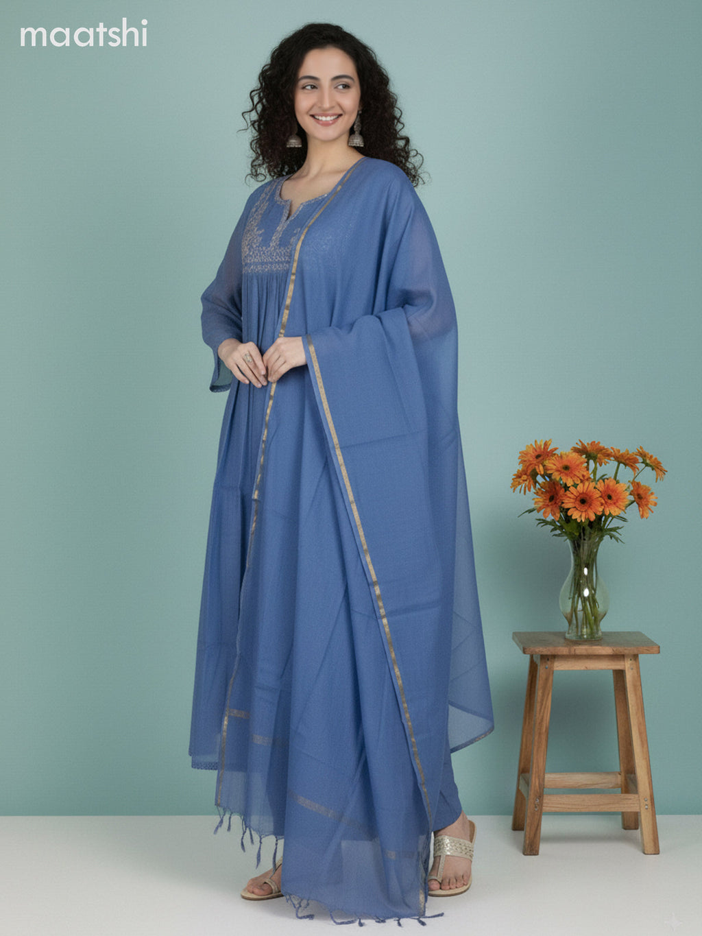 Blue Mul Chanderi Beaded Work A-Line Suit