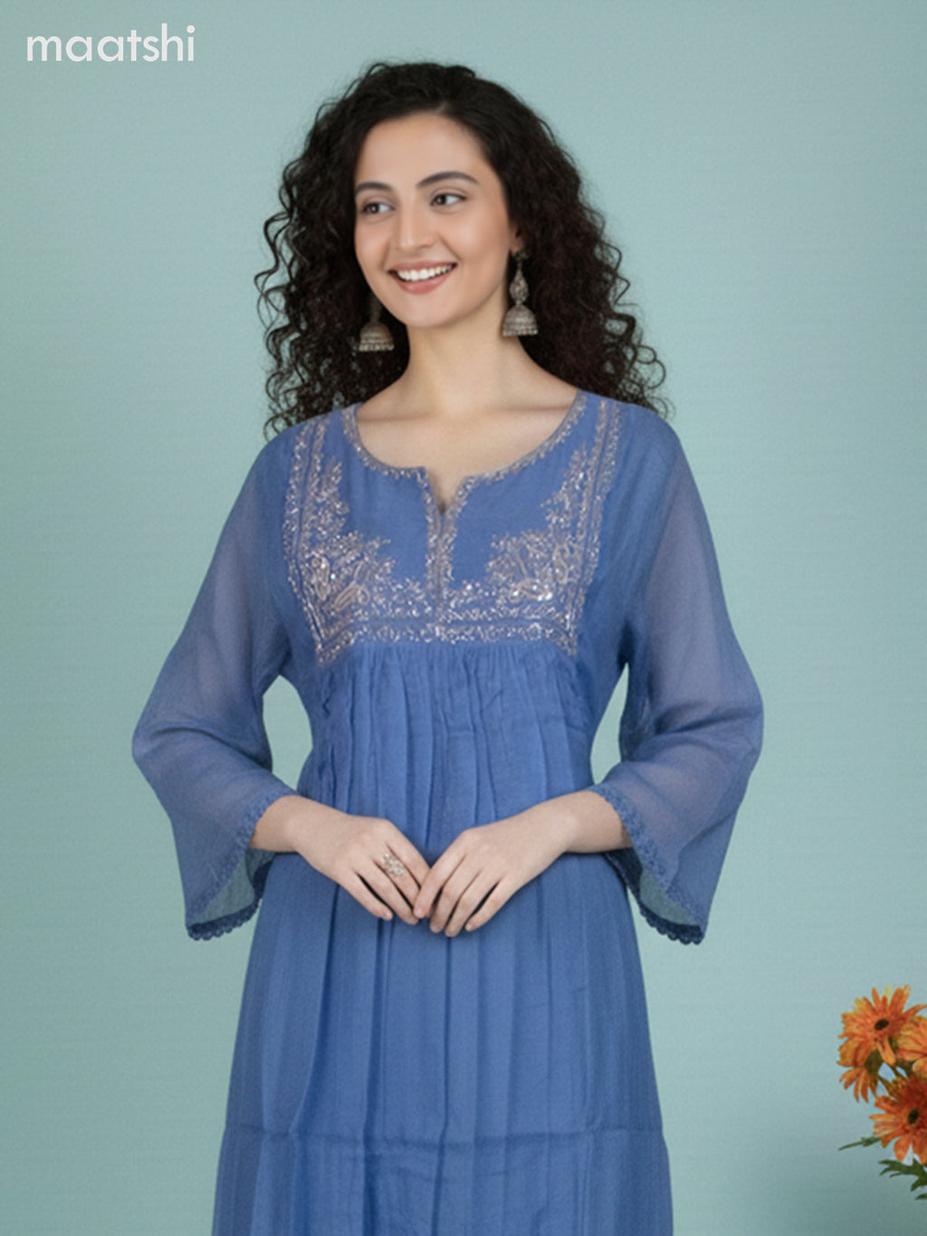 Blue Mul Chanderi Beaded Work A-Line Suit