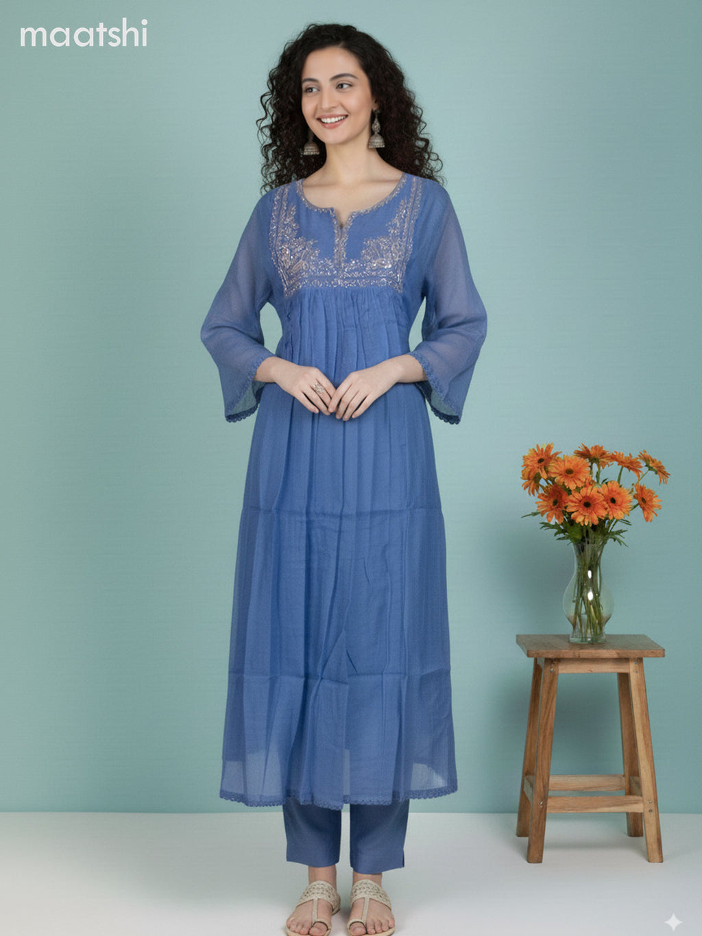 Blue Mul Chanderi Beaded Work A-Line Suit