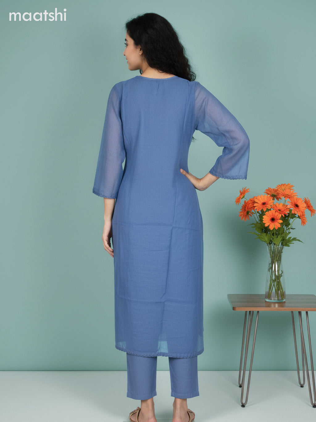 Blue Mul Chanderi Beaded Work A-Line Suit