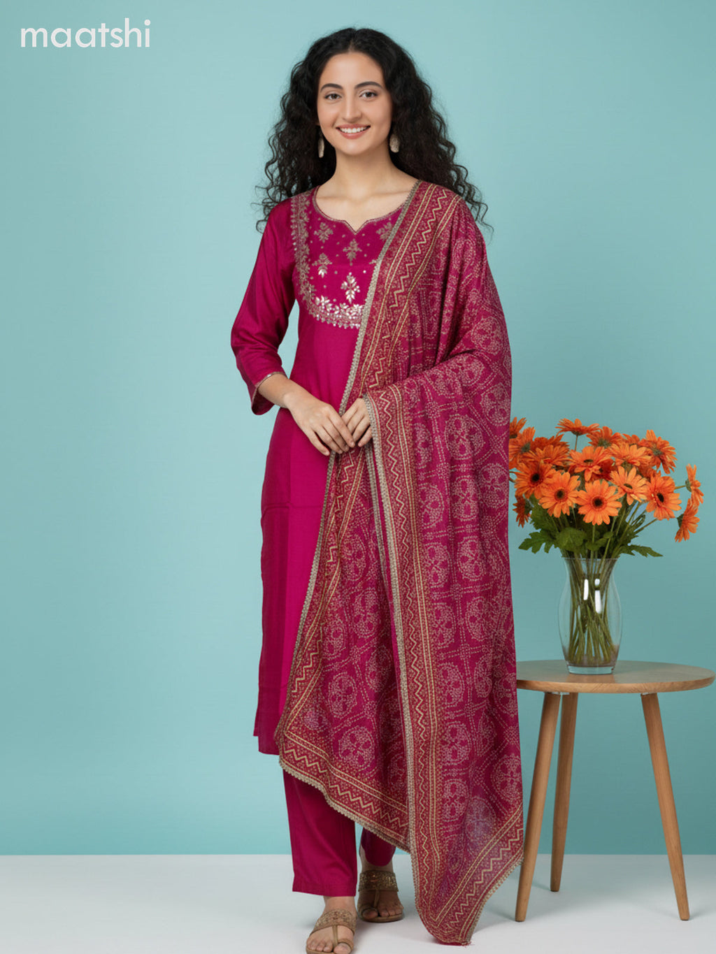 Pink Silk Embroidery Work Straight Suit