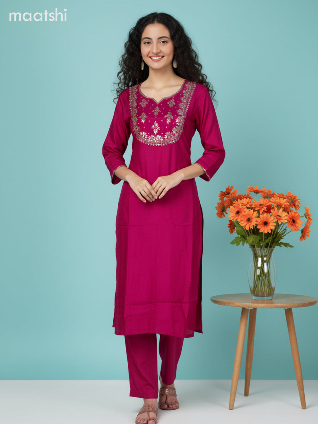 Pink Silk Embroidery Work Straight Suit