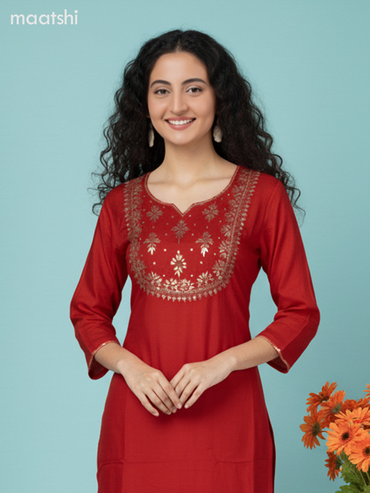 Red Silk Embroidery Work Straight Suit