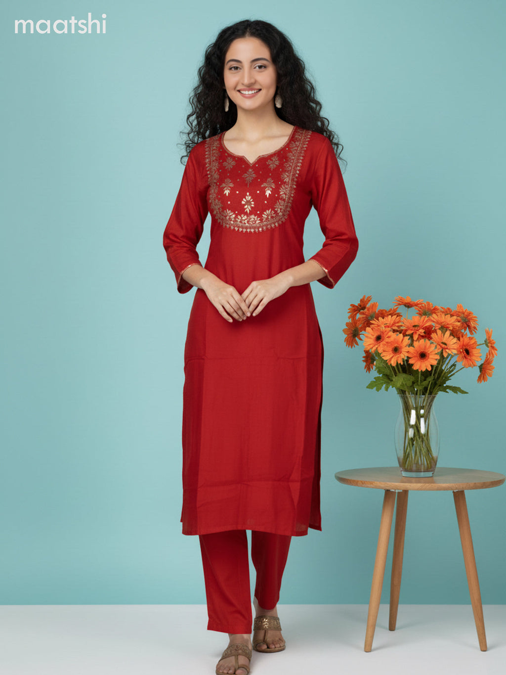 Red Silk Embroidery Work Straight Suit