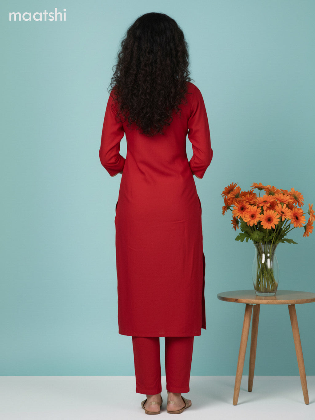 Red Silk Embroidery Work Straight Suit